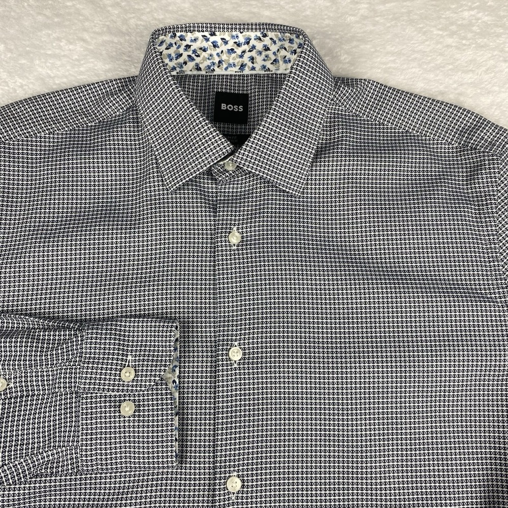 BOSS Hugo Boss Shirt Mens Large Black/White Geometric Slim Fit Flip Cuff Stretch